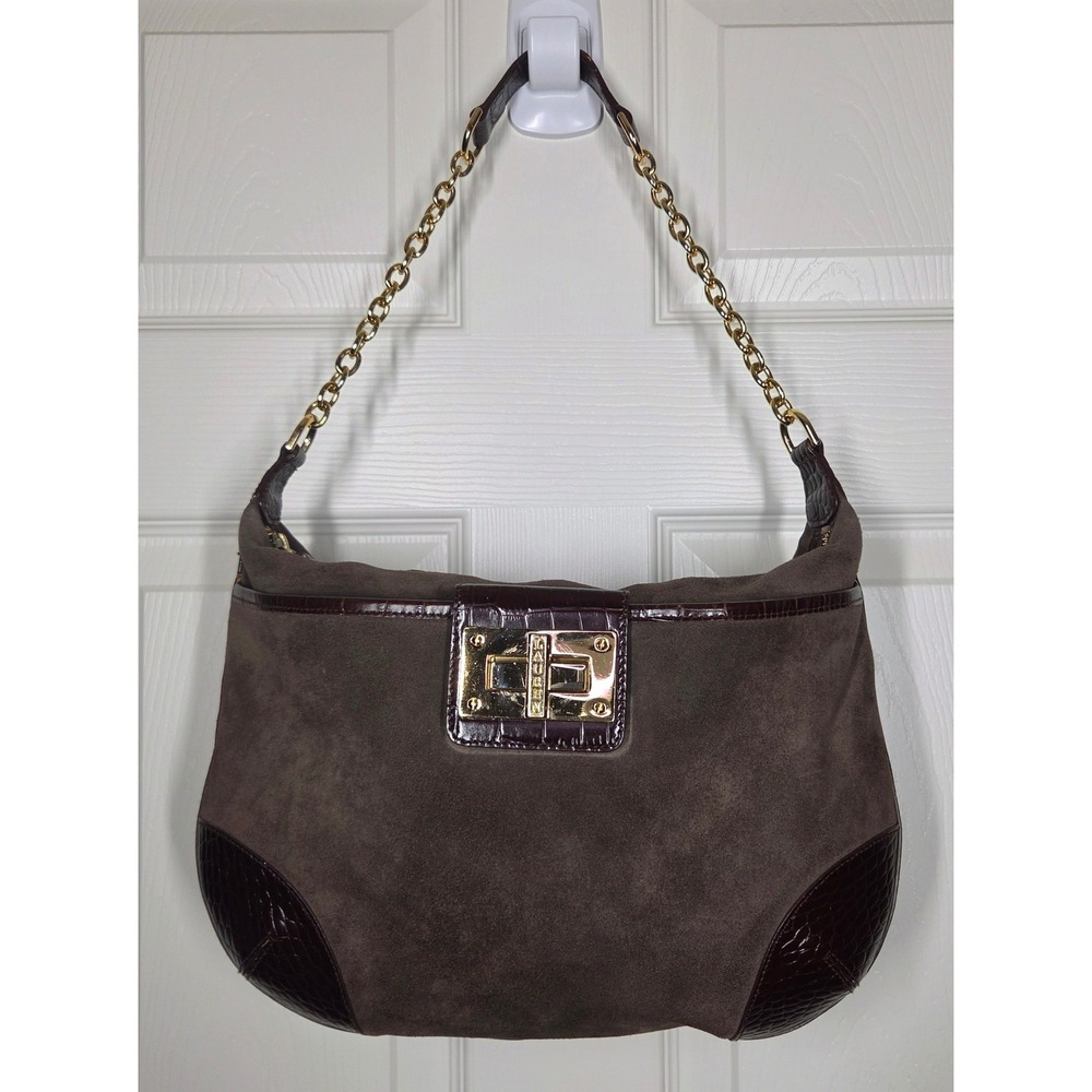 VTG Lauren Ralph Lauren Brown Suede Crocodile Trim Shoulder Bag Gold Chain Y2K